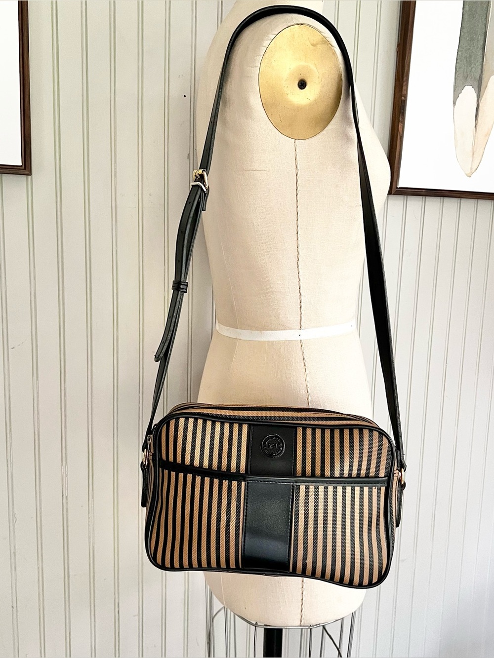 Vintage NAS Tan and Black Striped Camera Style Shoulder Bag